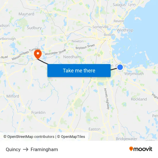 Quincy to Framingham map
