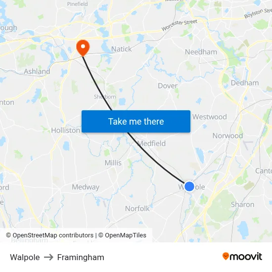 Walpole to Framingham map