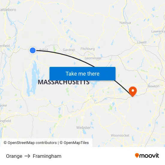 Orange to Framingham map
