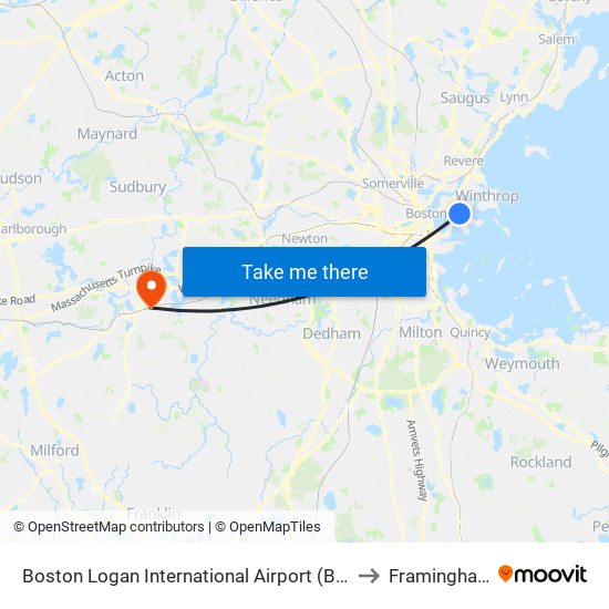 Boston Logan International Airport (Bos) to Framingham map