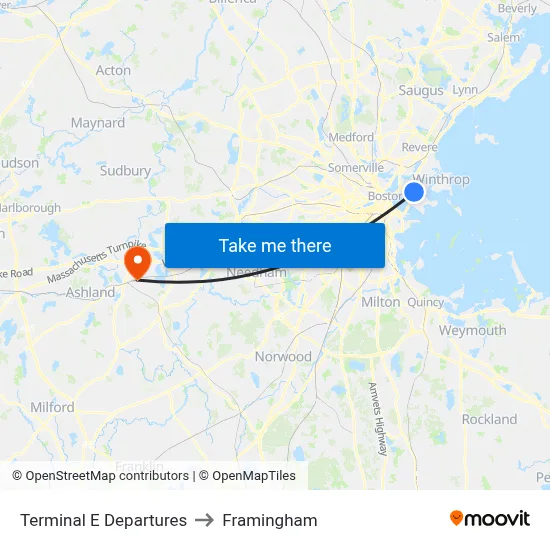 Terminal E Departures to Framingham map