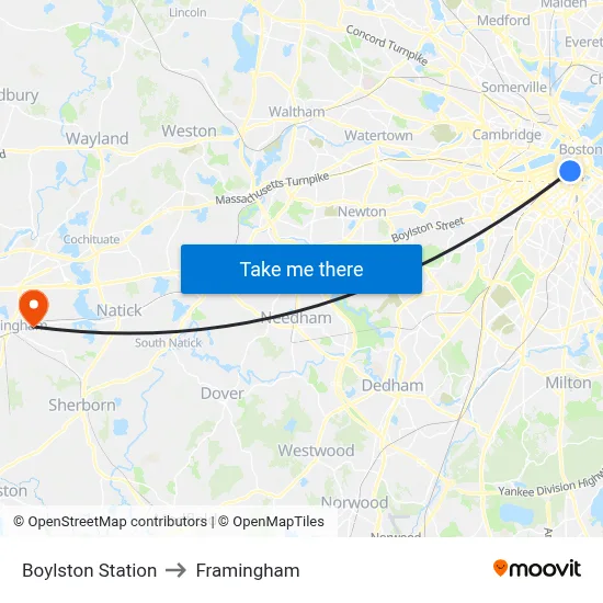 Boylston Station to Framingham map