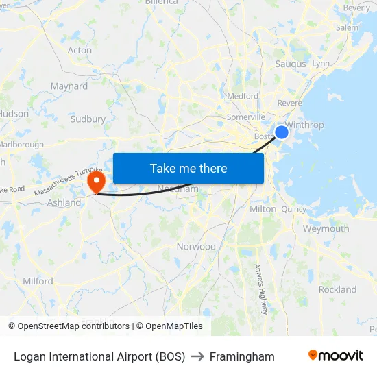 Logan International Airport (BOS) to Framingham map