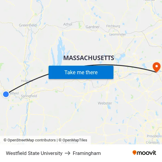 Westfield State University to Framingham map
