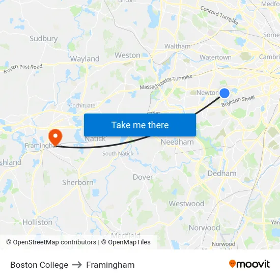 Boston College to Framingham map