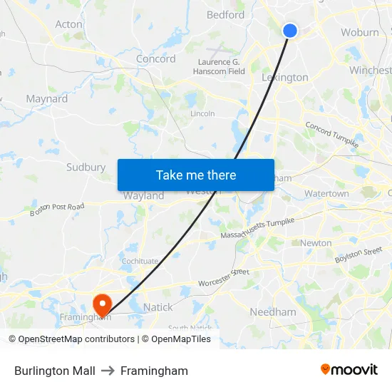 Burlington Mall to Framingham map