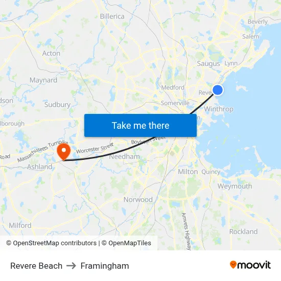 Revere Beach to Framingham map