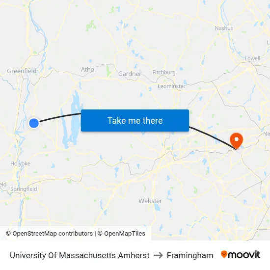 University Of Massachusetts Amherst to Framingham map