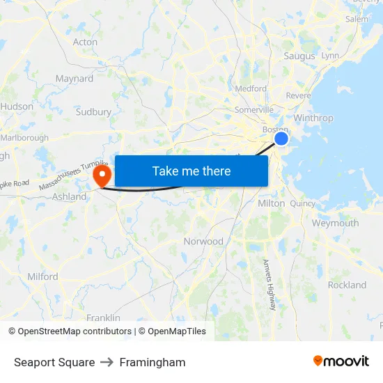 Seaport Square to Framingham map