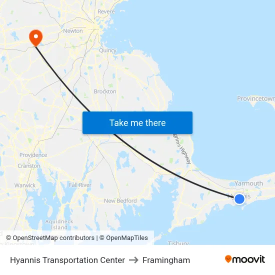 Hyannis Transportation Center to Framingham map