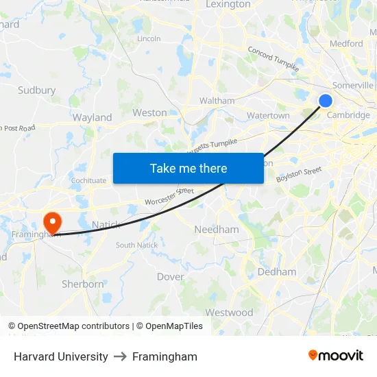 Harvard University to Framingham map