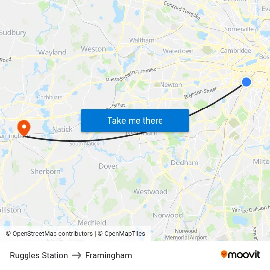 Ruggles Station to Framingham map