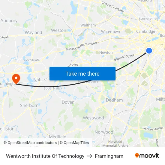 Wentworth Institute Of Technology to Framingham map