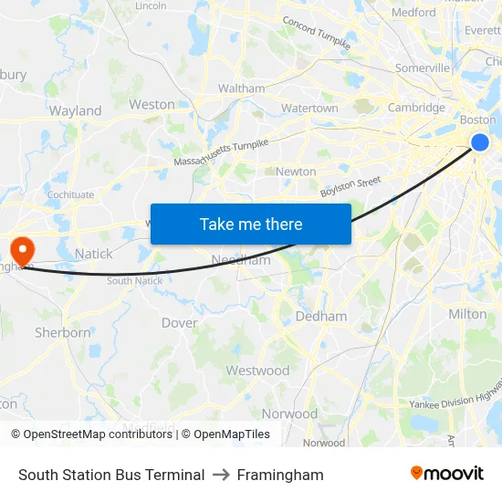 South Station Bus Terminal to Framingham map