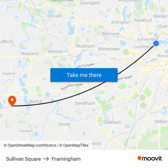 Sullivan Square to Framingham map