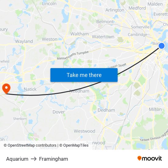 Aquarium to Framingham map