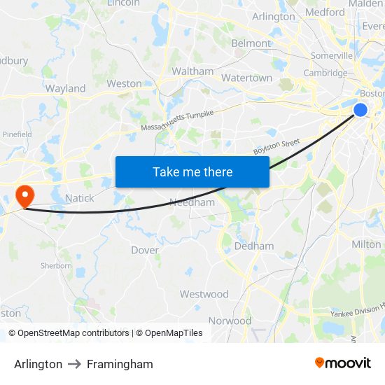 Arlington to Framingham map