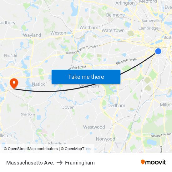 Massachusetts Ave. to Framingham map