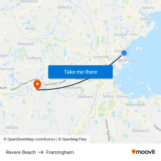 Revere Beach to Framingham map