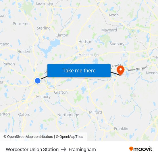 Worcester Union Station to Framingham map