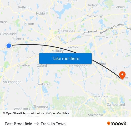 East Brookfield to Franklin Town map