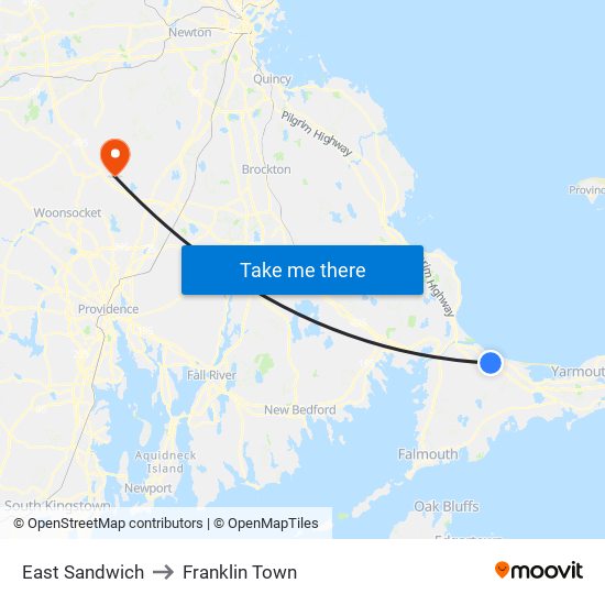 East Sandwich to Franklin Town map
