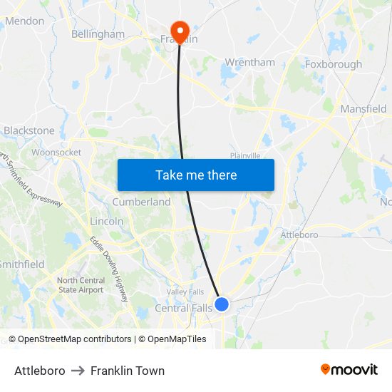 Attleboro to Franklin Town map