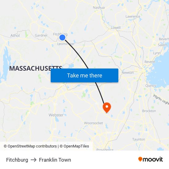 Fitchburg to Franklin Town map