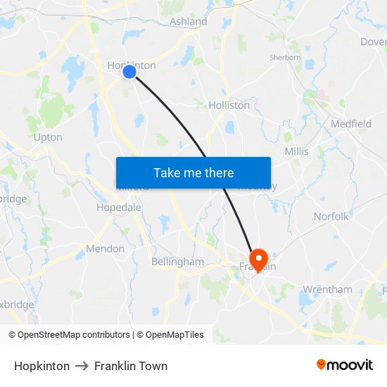 Hopkinton to Franklin Town map