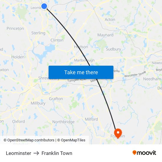 Leominster to Franklin Town map