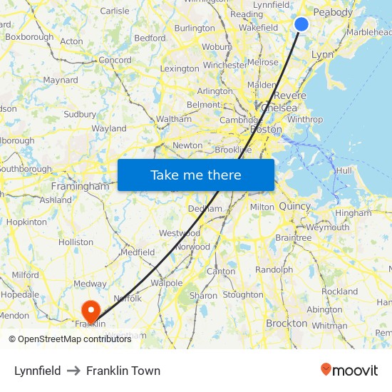 Lynnfield to Franklin Town map