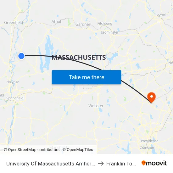 University Of Massachusetts Amherst to Franklin Town map