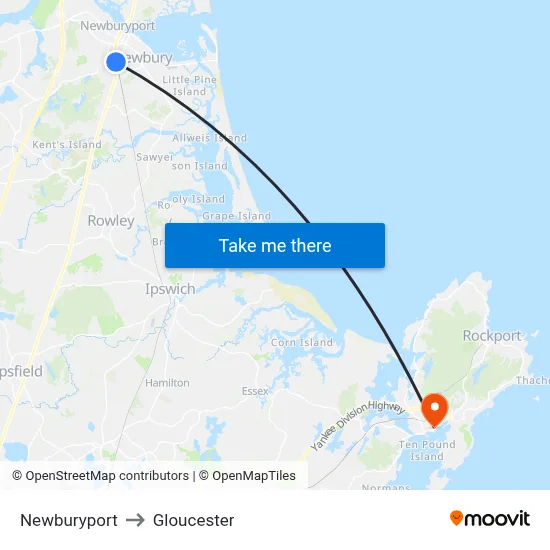 Newburyport to Gloucester map
