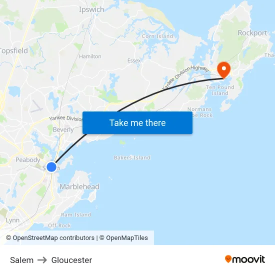 Salem to Gloucester map