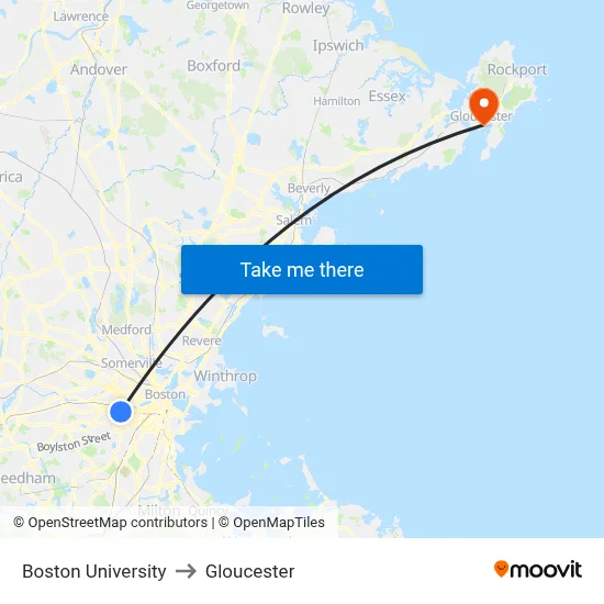 Boston University to Gloucester map