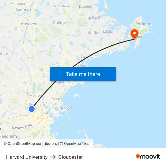 Harvard University to Gloucester map