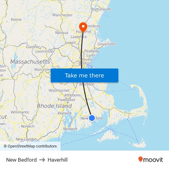 New Bedford to Haverhill map