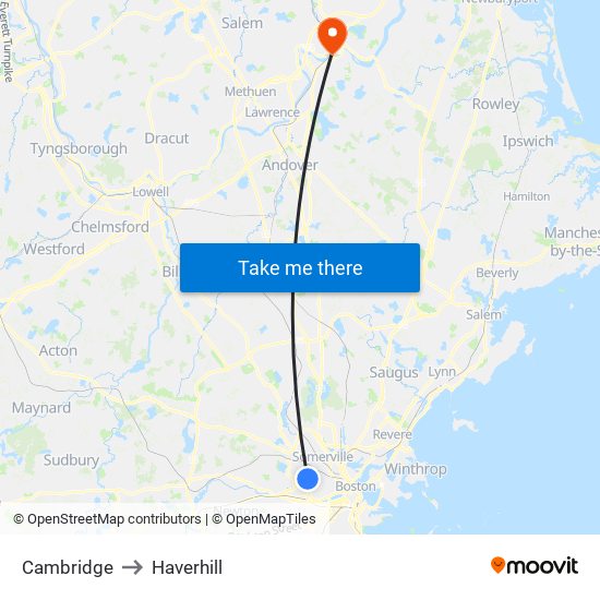 Cambridge to Haverhill map