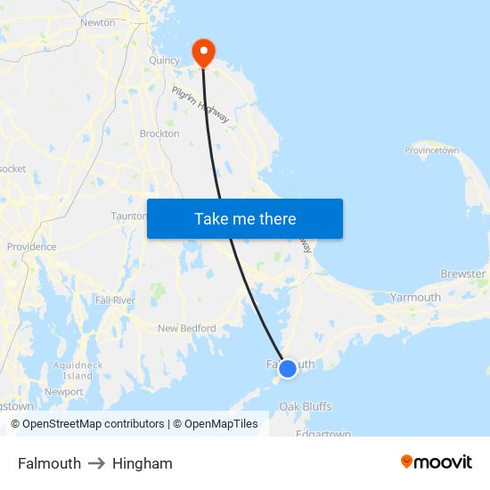 Falmouth to Hingham map