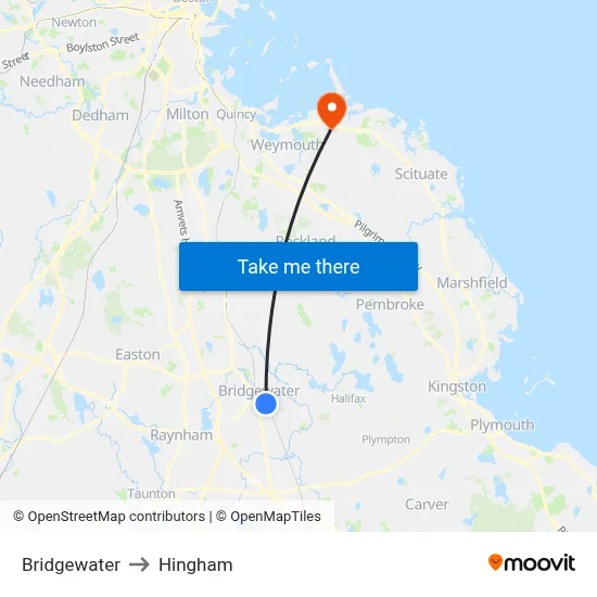 Bridgewater to Hingham map