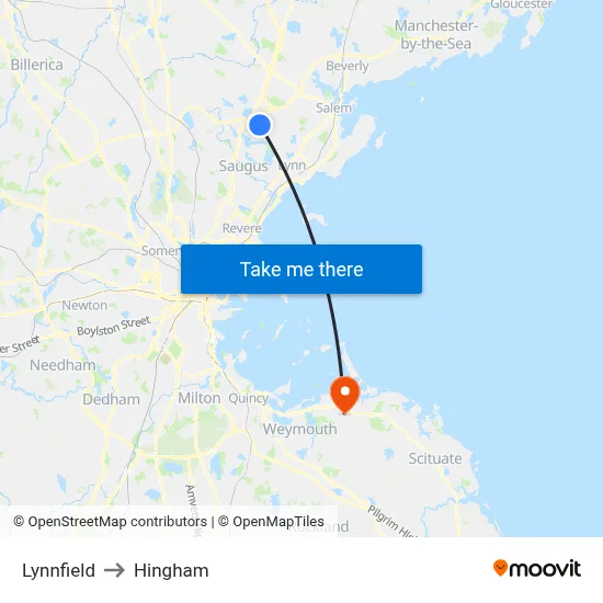 Lynnfield to Hingham map