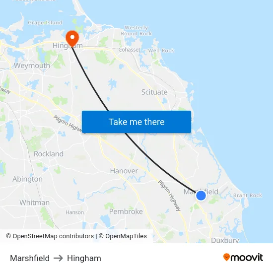 Marshfield to Hingham map