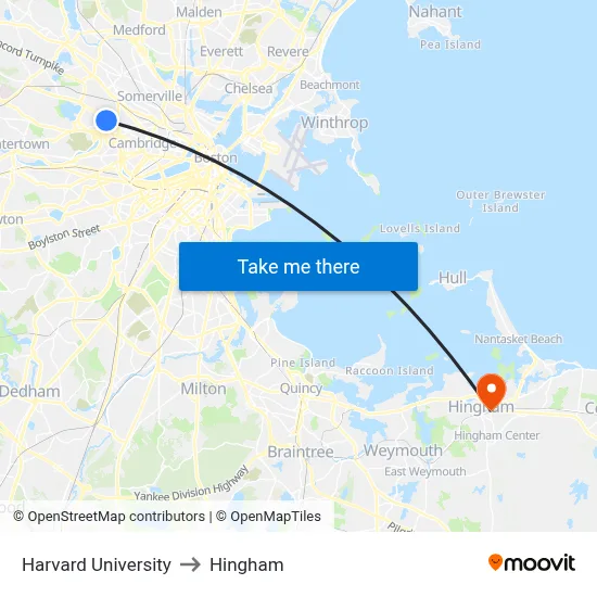 Harvard University to Hingham map