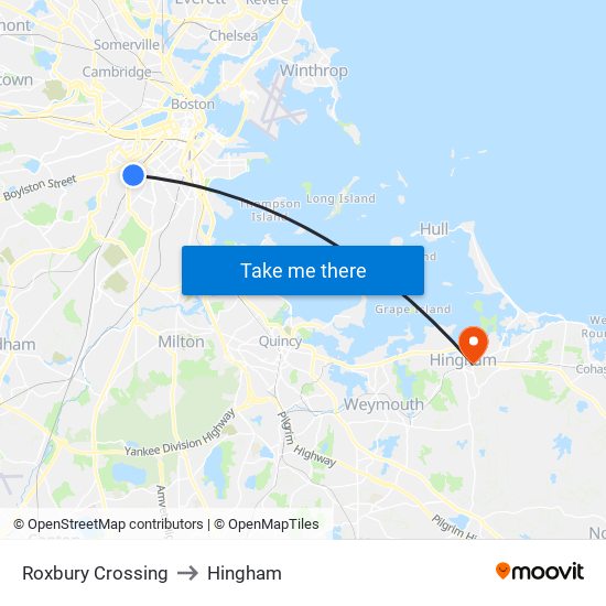 Roxbury Crossing to Hingham map