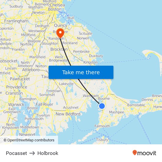 Pocasset to Holbrook map