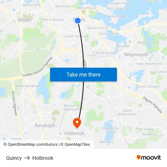 Quincy to Holbrook map
