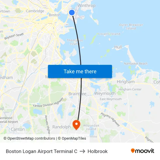 Boston Logan Airport Terminal C to Holbrook map