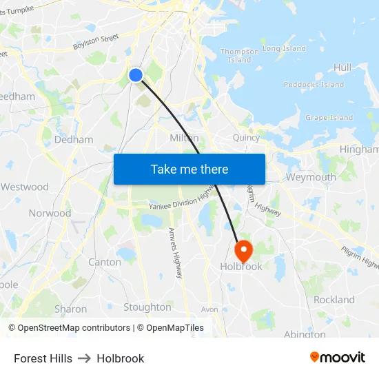 Forest Hills to Holbrook map