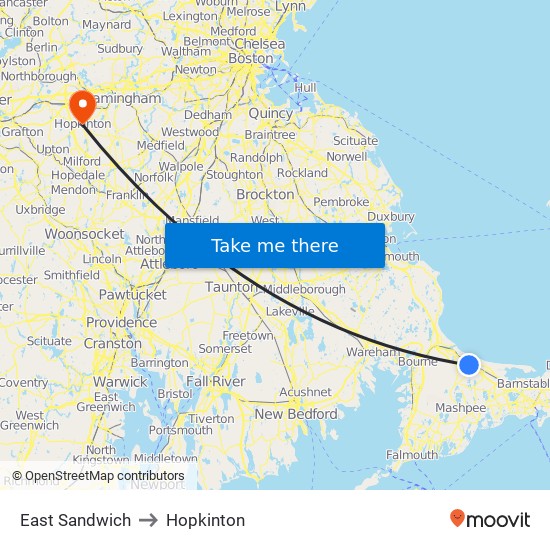 East Sandwich to Hopkinton map