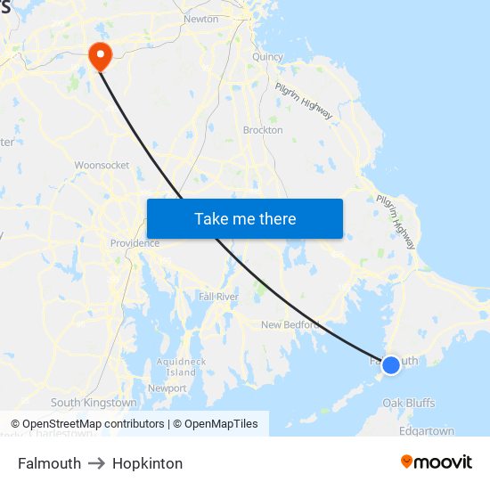 Falmouth to Hopkinton map